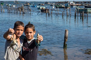 ENFANTS A LA PECHE DEVANT LE PETIT PORT DE PUERTO ESPERANZA, PROVINCE DE PINAR DEL RIO, CUBA, CARAIBES 