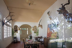 SALLE A MANGER DE LA FINCA VIGIA, MAISON ACHETE PAR ERNEST HEMINGWAY (1899-1961), ECRIVAIN ET JOURNALISTE AMERICAIN, DANS LES ANNEES 40, DEVENU SON MUSEE, SAN FRANCISCO DE PAULA, LA HAVANE, CUBA, CARAIBES 