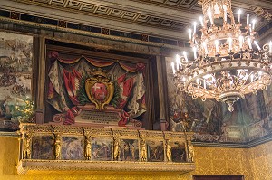 BALCON DORE DE LA SALLE DU CONSEIL OU SIEGEAIT LE GRAND MAITRE EN COMPAGNIE DE L'EVEQUE DE MALTE ET DU PRIEUR SAINT-JEAN, PALAIS DES GRANDS MAITRES, LA VALETTE, MALTE 