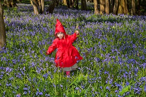 FILLETTE EN PETIT CHAPERON ROUGE SE PROMENANT DANS UN BOIS, FRANCE 