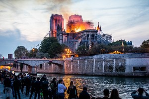 PARISIENS SUR LES BERGES DE LA SEINE ASSISTANTS A L'INCENDIE DE LA CATHEDRALE NOTRE DAME DE PARIS, PARIS, LE 15/04/19 