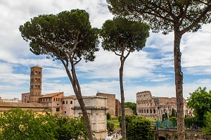 BASILIQUE SANTA FRANCESCA ROMANA, ARC DE TITUS ET COLISEE DANS LE PALATIN, BASILICA DI SANTA FRANCESCA ROMANA, ARCO DI TITO ET COLOSSEO, ROME, ITALIE, EUROPE 