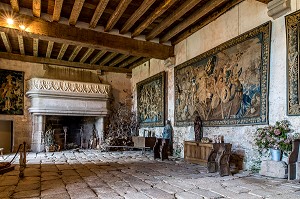 SALLE DES GARDES, CHATEAU DE BOUSSAC, (23) CREUSE, LIMOUSIN, NOUVELLE AQUITAINE, FRANCE 