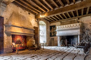 SALLE DES GARDES, CHATEAU DE BOUSSAC, (23) CREUSE, LIMOUSIN, NOUVELLE AQUITAINE, FRANCE 