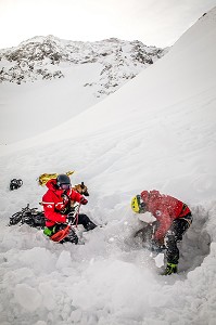 DEGAGEMENT D'UNE VICTIME ENSEVELI, EXERCICE NATIONAL SAPEURS-POMPIERS DE SECOURS EN AVALANCHE, COL DU LAUTARET, HAUTES ALPES (05) 