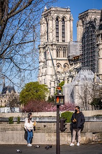 COUPLE DE TOURISTES CHINOIS PENDANT LE CONFINEMENT AVEC UN MASQUE DEVANT NOTRE DAME, PONT DE L'ARCHEVECHE, PARIS, 1ER ARRONDISSEMENT, ILE-DE-FRANCE  