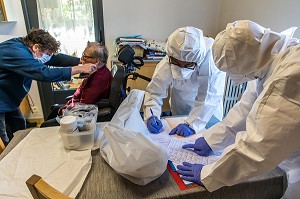 PRISE EN CHARGE DE FERNANDA, UNE PERSONNE AGEE A DOMICILE SUSPECTEE D'ETRE ATTEINTE DU COVID 19, CORONAVIRUS PAR UNE EQUIPE D'INFIRMIERS LIBERAUX DE LA STRUCTURE BIEN VIEILLIR EN ILE DE FRANCE, VILLENEUVE SAINT GEORGES (94) 