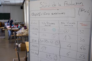 ATELIER DE CONFECTION DE SURBLOUSES EN TISSUS DE RECUPERATION, NAPPES, HOUSSE DE COUETTE, POUR LE PERSONNEL HOSPITALIER PAR DES BENEVOLES, HOPITAL NATIONAL DE SAINT MAURICE (94), VAL DE MARNE, IL DE FRANCE, FRANCE, EUROPE. 