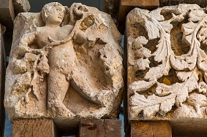 BAS-RELIEF REPRESENTANT UNE FEUILLE DE VIGNE DU CEPAGE CESAR, TRES ANCIEN, PLANTE UNIQUEMENT DANS LA REGION DE IRANCY, SITE ARCHEOLOGIQUE D’ESCOLIVES SAINTE CAMILLE, ESCOLIVES SAINTE-CAMILLE, YONNE, BOURGOGNE, FRANCE 