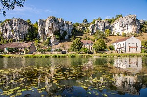 ROCHERS DU SAUSSOIS, FALAISE CALCAIRE DE 60 M DE HAUT, VESTIGES D’UN RECIF CORALLIEN SURPLOMBANT LE CANAL DU NIVERNAIS, MERRY SUR YONNE, YONNE, BOURGOGNE, FRANCE 