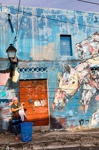 HABITANTE QUI ETEND SON LINGE, MURS PEINT QUARTIER DE LA ATARAZANA, QUARTIER COLONIAL ENREGISTRE AU PATRIMOINE MONDIAL DE L'UNESCO, SAINT DOMINGUE, SANTO DOMINGO, REPUBLIQUE DOMINICAINE 