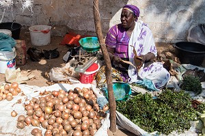 VENDEUSE D'OIGNONS ET DE MENTHE SUR LE MARCHE, COMMUNE DE MPAL, SENEGAL, AFRIQUE DE L'OUEST 