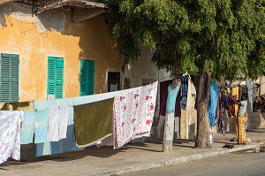 FEMME ETENDANT SON LINGE DANS LA RUE, SAINT-LOUIS-DU-SENEGAL, SENEGAL, AFRIQUE DE L'OUEST 