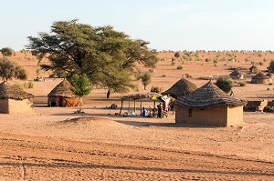 CASES EN TERRE CUITE ET TOIT DE PAILLE D'UN VILLAGE PEULS SUR LA ROUTE DE PODOR, SENEGAL, AFRIQUE DE L'OUEST 
