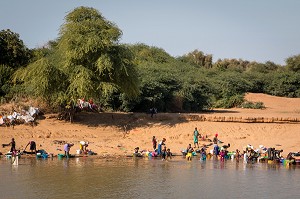 FEMMES LAVANDIERES AUX PAGNES MULTICOLORES ET ENFANTS SUR LES BORDS DU FLEUVE, PODOR, SENEGAL, AFRIQUE DE L'OUEST 