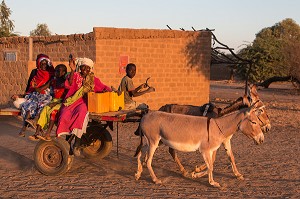 CHARRETTE ET VILLAGEOIS DE RETOUR DU TRAVAIL DES CHAMPS, VILLAGE TOUCOULEUR DE DEGUEMBERE, PROVINCE DE FANAYE DIERI, SENEGAL, AFRIQUE DE L'OUEST 
