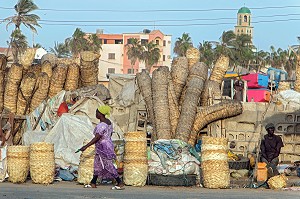 LES PANIERS POUR LES POISSONS, GUET NDAR, QUARTIER DU VILLAGE DES PECHEURS AVEC LES PIROGUES COLORES, SAINT-LOUIS-DU-SENEGAL, SENEGAL, AFRIQUE DE L'OUEST 