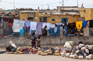 GUET NDAR, QUARTIER DU VILLAGE DES PECHEURS AVEC LES PIROGUES COLORES, SAINT-LOUIS-DU-SENEGAL, SENEGAL, AFRIQUE DE L'OUEST 