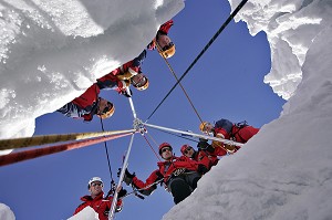 SAUVETAGE EN CREVASSE D'UN SKIEUR AVEC UN TRIPOD ET TREUIL THERMIQUE, GROUPE MONTAGNE SAPEURS-POMPIERS (GMSP74), VALLEE BLANCHE, MASSIF DU MONT-BLANC, HAUTE-SAVOIE (74), FRANCE 