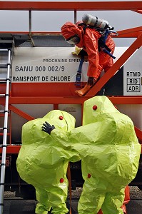 INTERVENTION D'UNE EQUIPE CMIC EN TENUE LEGERE DE PROTECTION CHIMIQUE ET SCAPHANDRES SUR UN WAGON DE TRANSPORT DE CHORE, MANOEUVRE CHIMIQUE DANS UNE USINE CLASSEE SEVESO SEUIL HAUT, FRANCE 