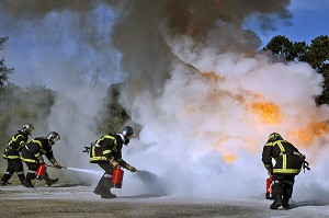 SAPEURS-POMPIERS EN INTERVENTION POUR L'EXTINCTION D'UN RESERVOIR DE GPL AVEC DES EXTINCTEURS, FORMATION A L'ATTAQUE DES FEUX DE VEHICULES A L'AIR LIBRE, CARBURATION ESSENCE ET GPL (GAZ DE PETROLE LIQUEFIES), SDIS DE MORBIHAN, VANNES, MORBIHAN (56), FRANCE 