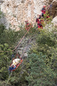 MANOEUVRE POUR ACCIDENT D'ESCALADE AVEC UNE CHUTE D'UN GRIMPEUR EN PAROI, STAGE IMP3 AU CENTRE NATIONAL DE FORMATION (CNF GRIMP) DE FLORAC, CIRQUE DE BEAUMES DANS LES GORGES DU TARN, SAINT-GEORGES-DE-LEVEJAC(48), FRANCE 