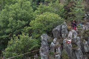 MANOEUVRE GRIMP AVEC TYROLIENNE POUR EXTRACTION D'UNE VICTIME D'ACCIDENT DE CHASSE, STAGE IMP3 AVEC LE CENTRE NATIONAL DE FORMATION DE FLORAC, COMMUNE DE SAINTE-EMINIE DANS LES GORGES DU TARN (48), FRANCE 