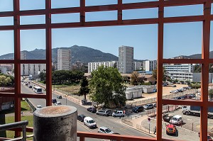 VUE SUR LE CENTRE-VILLE, CTA CODIS, SAPEURS-POMPIERS DE CORSE-DU-SUD, AJACCIO, FRANCE 