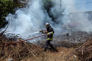 SAPEURS-POMPIERS EN INTERVENTION POUR UN FEU DE BROUSSAILLES EN CENTRE VILLE, CAYENNE, GUYANE FRANCAISE, DEPARTEMENT-REGION D'OUTRE-MER, AMERIQUE DU SUD, FRANCE 