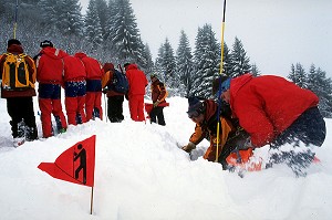 EXERCICE DE SAUVETAGE AVALANCHE, RECHERCHE DE VICTIMES A L'AIDE DE SONDES + PELLETEURS, SAMOENS (74), HAUTE-SAVOIE 