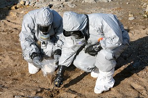 PRELEVEMENT DE VEGETAUX, TENUE DE PROTECTION RADIOLOGIQUE, RECHERCHE DE SOURCE RADIOLOGIQUE, EXERCICE NATIONAL DE SECURITE CIVILE A LA CENTRALE NUCLEAIRE DE BELLEVILLE SUR LOIRE, MISE EN OEUVRE D'UN PLAN PARTICULIER D'INTERVENTION (PPI), CHER (18), FRANCE 