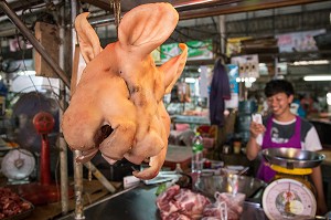 ETAL DU BOUCHER AVEC LES TETES DE COCHONS, MARCHE DE BANG SAPHAN, THAILANDE, ASIE 
