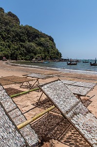 CALAMARS A SECHER, VILLAGE DE PECHEURS DE THAM THONG, PROVINCE DE CHUMPHON, THAILANDE, ASIE 