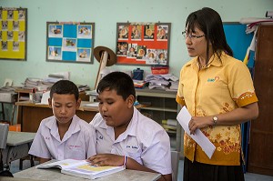 COURS DE LECTURE AVEC LES PRIMAIRES, ECOLE SUAN LUNG, BANG SAPHAN, THAILANDE, ASIE 