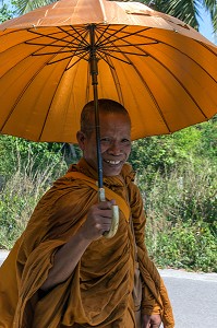 MOINES BOUDDHISTES PROTEGES DU SOLEIL PAR LEURS OMBRELLES, BANG SAPHAN, THAILANDE, ASIE 