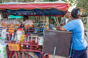 MARCHAND AMBULANT (VENDEUR DE CALAMARS SECHES ET DE BOISSONS FRAICHES), PETIT VILLAGE DE PECHEURS, BANG SAPHAN, THAILANDE, ASIE 