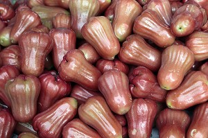 ETALAGE DE JAMBUS OU POMMES DE ROSE OU JAMBOSIERS D'EAU, FRUITS TROPICAUX, THAILANDE, ASIE 