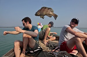 TOURISTES PECHANT LE MEROU, PECHE EN MER, REGION DE BAN SAPHAN, THAILANDE, ASIE 