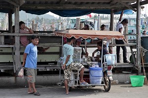 PETIT COMMERCE ALIMENTAIRE SUR LE PORT DE PECHE DE BANG SAPHAN, THAILANDE 