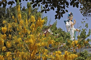 STATUE MONUMENTALE DE LA DEESSE CHINOISE GUAN YIN AU DESSUS DES FLEURS JAUNES DE CYTISES (GOLDEN SHOWER TREE), TEMPLE BOUDDHIQUE DE WAT KAEW PRA SERT, CHUMPHON, THAILANDE, ASIE 