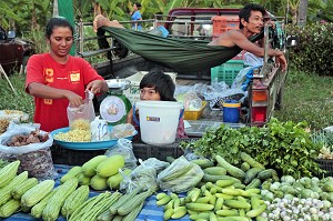 L'HOMME AU REPOS ET LA FEMME AU TRAVAIL, COMMERCE ALIMENTAIRE DE LEGUMES, MARCHE DE NUIT, BANG SAPHAN, THAILANDE, ASIE 