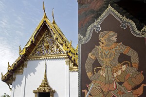 APSARI, NYMPHE CELESTE DANSANT POUR LE PLAISIR DES DIEUX, PEINTURE DU WAT PHRA KAEO (WAT PHRA KAEW) OU TEMPLE DU BOUDDHA D'EMERAUDE, SITUE DANS L'ENCEINTE DU PALAIS ROYAL, BANGKOK, THAILANDE, ASIE 