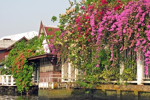 MAISON SUR PILOTIS FLEURI AU BORD DES KLONGS, PETITS CANAUX, BANGKOK, THAILANDE 