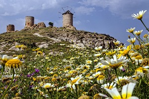 LES VIEUX MOULINS A VENT SUR LA COLLINE DU VILLAGE DE PECHEURS DE FOCA SUR LA MER EGEE, RIVIERA DES OLIVIERS, NORD D’IZMIR, TURQUIE 