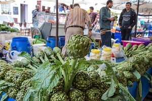 ETALAGE DE LEGUMES (ARTICHAUTS), MARCHE ALIMENTAIRE DE NAMIK KEMAL, CUNDA ALIBEY, RIVIERA DES OLIVIERS, NORD D’IZMIR, TURQUIE 