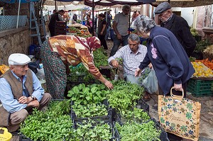 VENDEURS ET CLIENTS DEVANT UN ETALAGE D'HERBES AROMATIQUES, MARCHE ALIMENTAIRE DE NAMIK KEMAL, CUNDA ALIBEY, RIVIERA DES OLIVIERS, NORD D’IZMIR, TURQUIE 