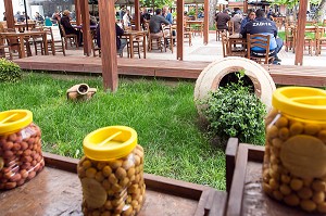 TERRASSE SUR LA PLACE DU VILLAGE, VILLAGE DE L'HUILE D'OLIVE ET DES OLIVES, ZEYTINLI VEUT DIRE OLIVIER EN TURC, RIVIERA DES OLIVIERS, NORD D’IZMIR, TURQUIE 