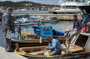 RETOUR DES PECHEURS SUR LE PORT DE LA VILLE D’AYVALIK SUR LES BORDS DE LA MER EGEE, RIVIERA DES OLIVIERS, NORD D’IZMIR, TURQUIE 