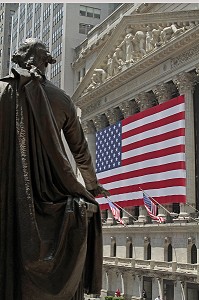 STATUE DU PRESIDENT WASHINGTON DU FEDERAL HALL FACE AU NEW YORK STOCK EXCHANGE, WALL STREET, DOWNTOWN, MANHATTAN, NEW YORK CITY, ETAT DE NEW YORK, ETATS-UNIS 