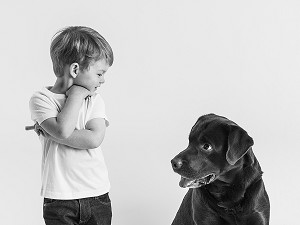 ENFANT REGARDANT SON CHIEN, LABRADOR NOIR EN STUDIO 